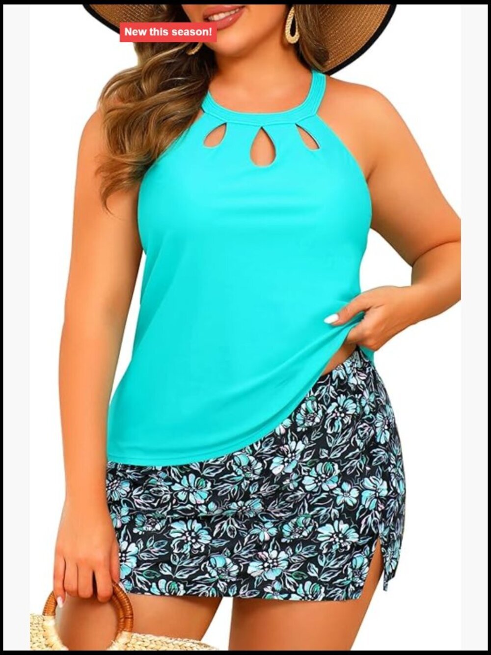 Plus Size Tankini Set with Skirt - High Neck Two Piece Swimsuit Tummy Control